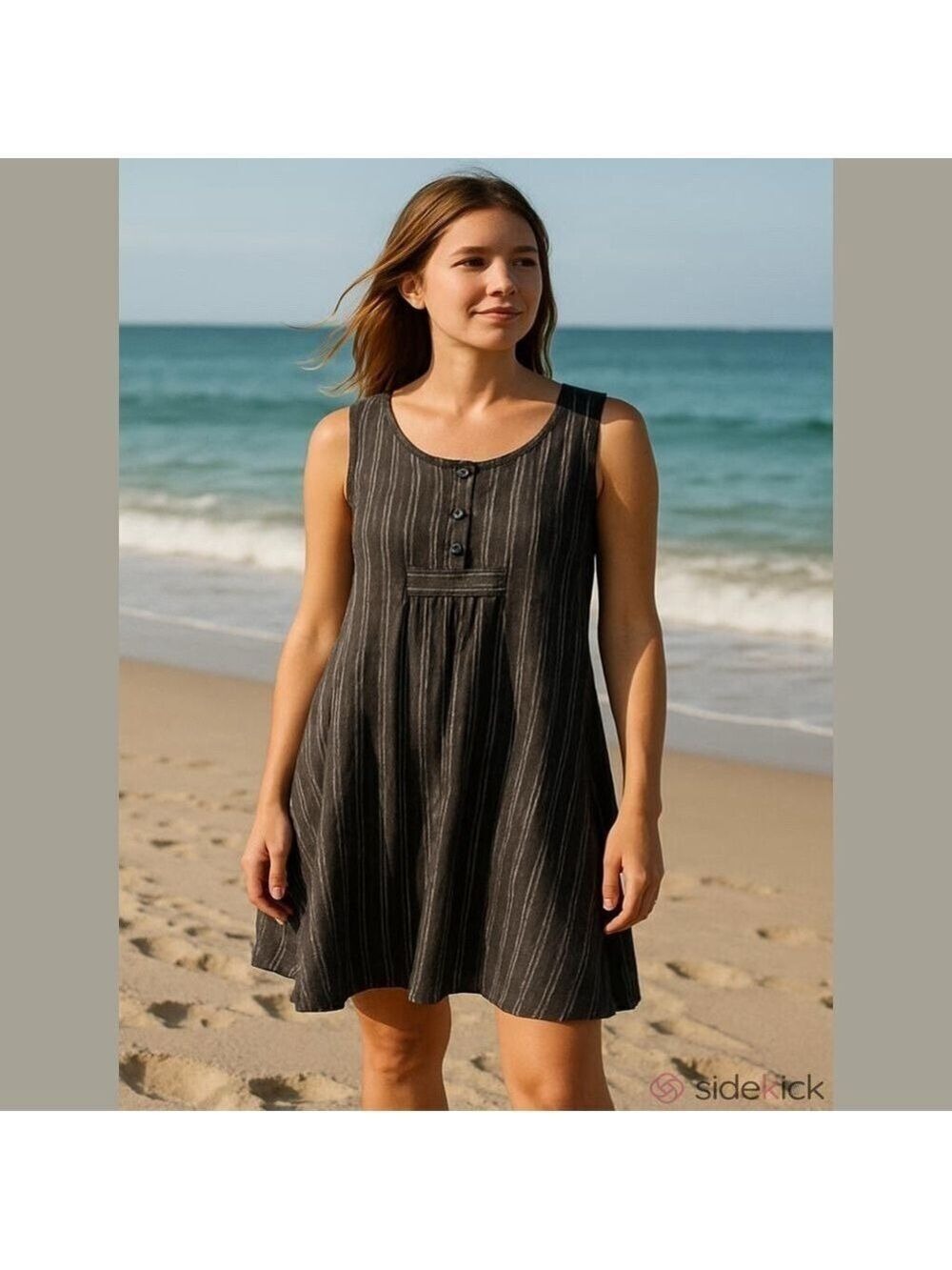 FLAX 100% Linen Pinstriped Lagenlook Beachy Sleeveless A-Line Shift Dress Size P